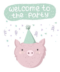 Vector cute poster with festive pig at a party and text