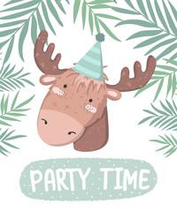 Vector cute poster with festive deer at a party, branches and text