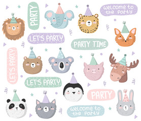 Vector set of cute stickers with festive animals at a party and text