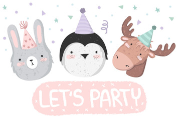 Vector cute poster with festive animals at a party and text
