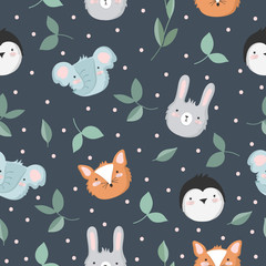 Vector seamless baby pattern with animals, branches, leaves