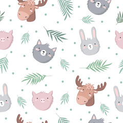 Vector seamless baby pattern with animals, branches, leaves