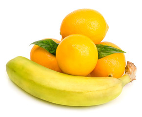 Banana and lemons isolated on white background