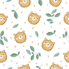 Vector seamless baby pattern with leopard, branches, leaves