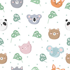 Vector seamless baby pattern with animals, leaves