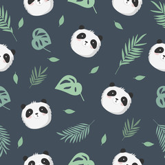 Vector seamless baby pattern with panda, branches, leaves