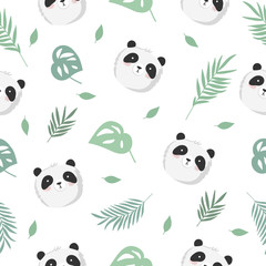 Vector seamless baby pattern with panda, branches, leaves