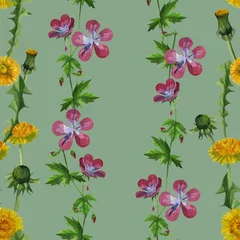 Badezimmer Foto Rückwand watercolor dandelions wildflowers seamless texture pattern background © Artmirei