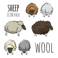 Isolated sheep herd icons. Vector multi colored illustration on light background. Original hand-drawn set. EPS10.