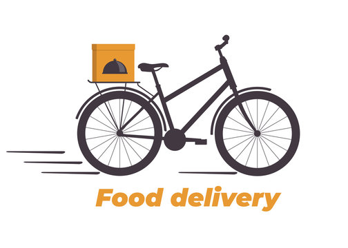 Food delivery design. Bicycle with box on the trunk. Food delivery service logo. Fast delivery. Flat vector illustration.
