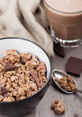 Bowl with organic chocolate granola breakfast