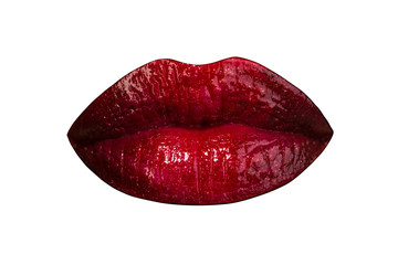 Female lips isolated on white background and colored with red lipstick. Red lip make up. Seductive lips with dark red lip gloss. Isolated woman lips with perfect make up. Sweet kiss from full lips