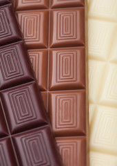 Bars of white and milk and dark bitter chocolate