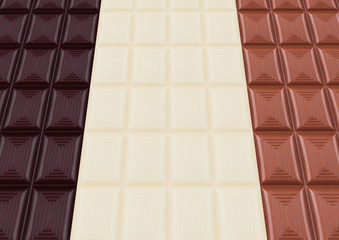 Bars of white and milk and dark bitter chocolate