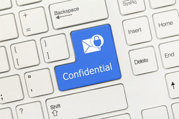 White conceptual keyboard - Confidential (blue key with envelope and lock symbols)