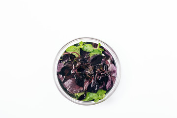 Big glass bowl filled with water, purple basil