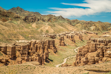 Sharyn Canyon -geological formation consists of sedimentary red sandstone- is a canyon on the Sharyn River in Kazakhstan. Charyn National Park.