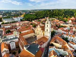 Aerial view of Vilnius Old Town, one of the largest surviving medieval old towns in Northern Europe. Sunset landscape of UNESCO-inscribed Old Town of Vilnius, the heartland of the city.