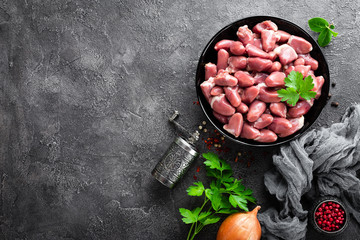 Raw chicken hearts. Fresh chicken hearts