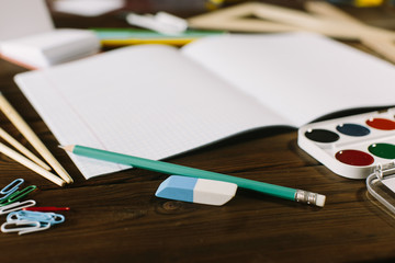 1 September concept postcard, teachers day, back to school, supplies, toned vintage