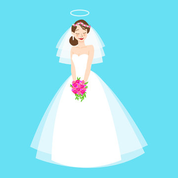 Young beautiful bride is in an elegant wedding dress. Vector illustration for your design.Invitation, greeting card, template for the bride show.