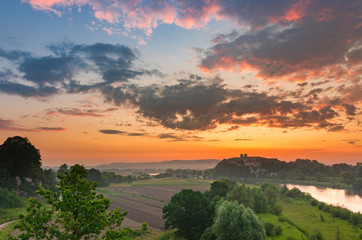 Beautiful colorful sunrise landscape, Tyniec near Krakow, Poland