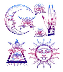 An ancient astronomical illustration of the sun, the moon, the stars, the rose, the eye in the graphic style of the antique. Magical vector illustration.