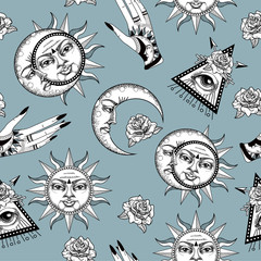 Seamless pattern with ancient astronomical illustration of the sun, the moon