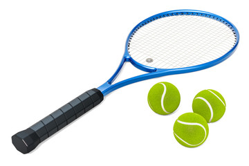 Tennis racket and balls, 3D rendering