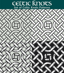 Set of Celtic Knots Patterns. 4 different versions of a seamless pattern with Celtic knots: with white filling, without filling, with shadows and with a black background.