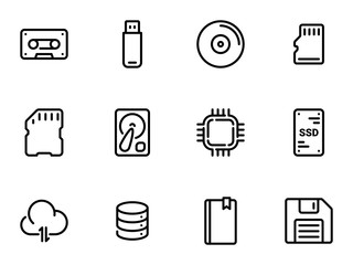 Set of black vector icons, isolated on white background, on theme Data storage