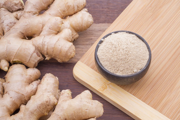 ginger roots on the table, top view