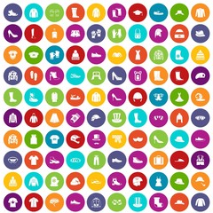 100 clothing and accessories icons set in different colors circle isolated vector illustration