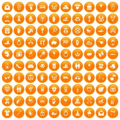 100 love icons set in orange circle isolated on white vector illustration