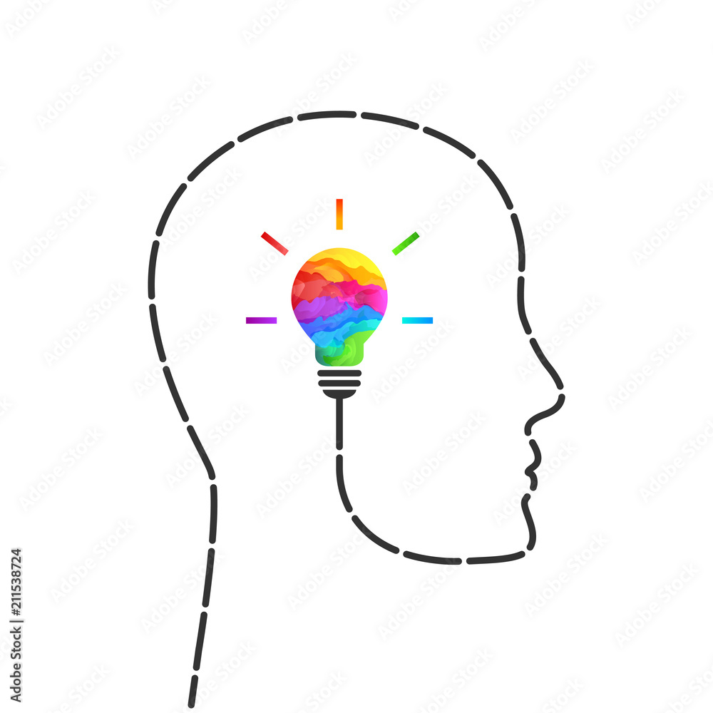 Wall mural imagination concept with lightbulb made of colors and profile outline made of dashed line
