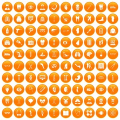 100 medicine icons set in orange circle isolated on white vector illustration