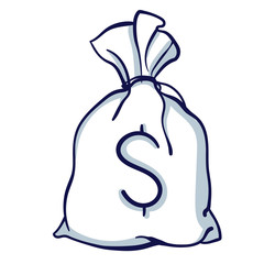 Bag with money icon. Dollar.  Hand drawn doodle cartoon vector illustration.