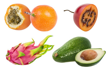 Exotic fruits collage isolated on white background with clipping path set