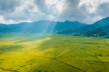 Aerial view of Lingko Spider Web Rice Fields while sunlight piercing through clouds to the ground, Meler, Ruteng, Manggarai Regency, Flores, East Nusa Tenggara, Indonesia