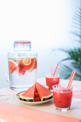 Healthy watermelon smoothies and fresh fruits.