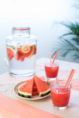 Healthy watermelon smoothies and fresh fruits.