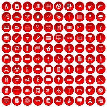 100 building materials icons set in red circle isolated on white vectr illustration
