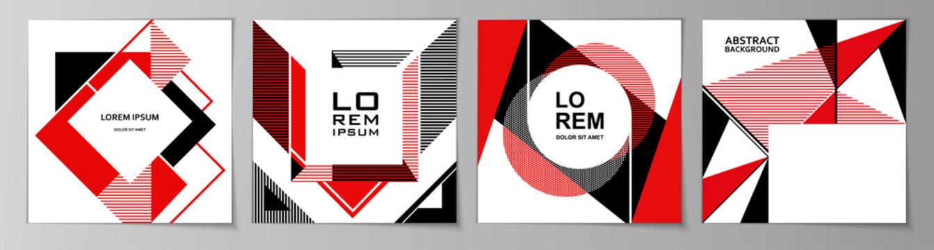 Set of square abstract backgrounds in minimal art style. Collection of templates cover, flyers, leaflet, banner with geometric pattern. Vector illustration