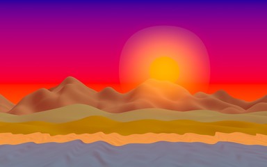 Sun Sea Beach. Sunrise. Ocean shore line with waves on a beach. Island beach paradise with waves. Vacation, summer, relaxation. Seascape, seashore. Minimalist landscape, primitivism. 3D illustration