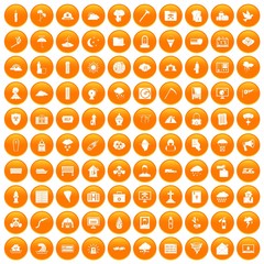 100 natural disasters icons set in orange circle isolated on white vector illustration