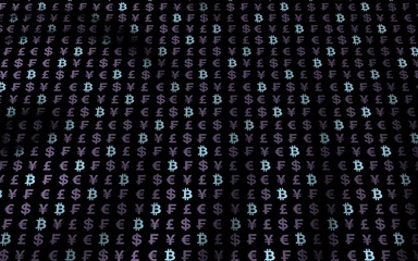 Bitcoin and currency on a dark background. Digital Cryptocurrency symbol. Wave effect, currency market fluctuations. Business concept. 3D illustration