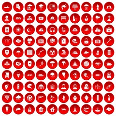 100 disaster icons set in red circle isolated on white vectr illustration