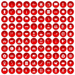100 dish icons set in red circle isolated on white vectr illustration