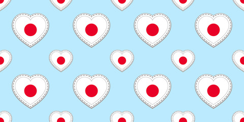 Japan flag seamless pattern. Vector Japanese flags stickers. Love hearts symbols. Texture for language course, sports pages, travel, school, geographic design elements. patriotic wallpaper