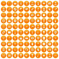 100 photo icons set in orange circle isolated on white vector illustration